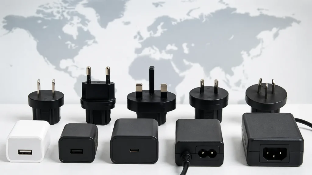 Different country power adapter plug types for global electronics use