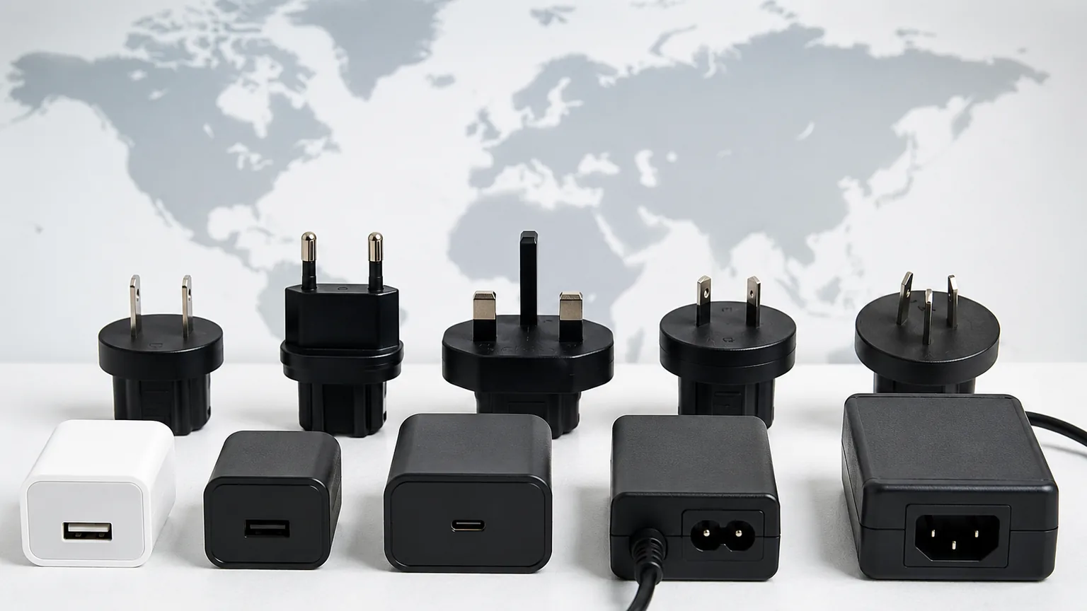 Different country power adapter plug types for global electronics use
