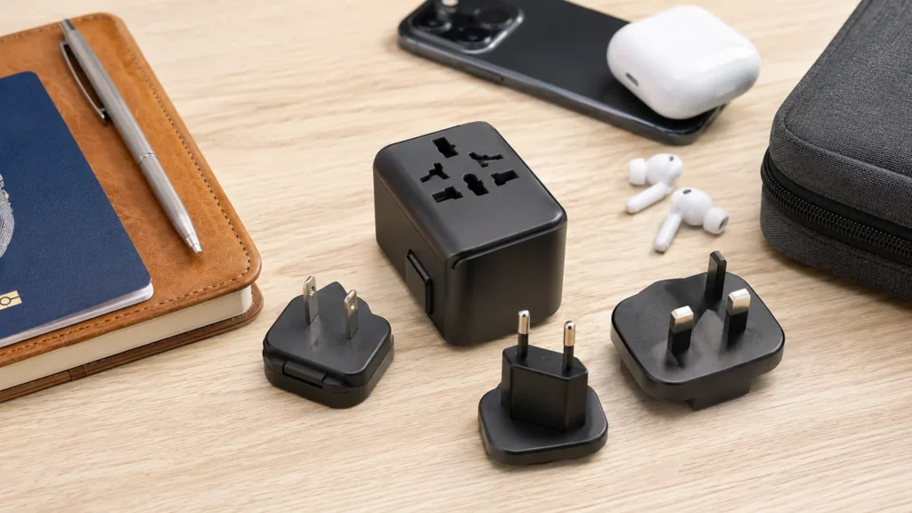 Travel power adapter with electronic devices for international charging